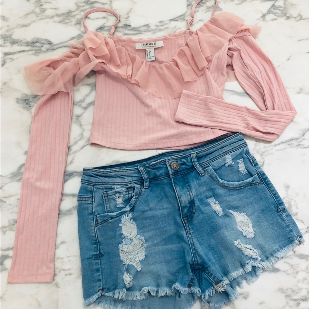 F21 Cut Out Shoulder Crop Top Baby Pink with Tulle